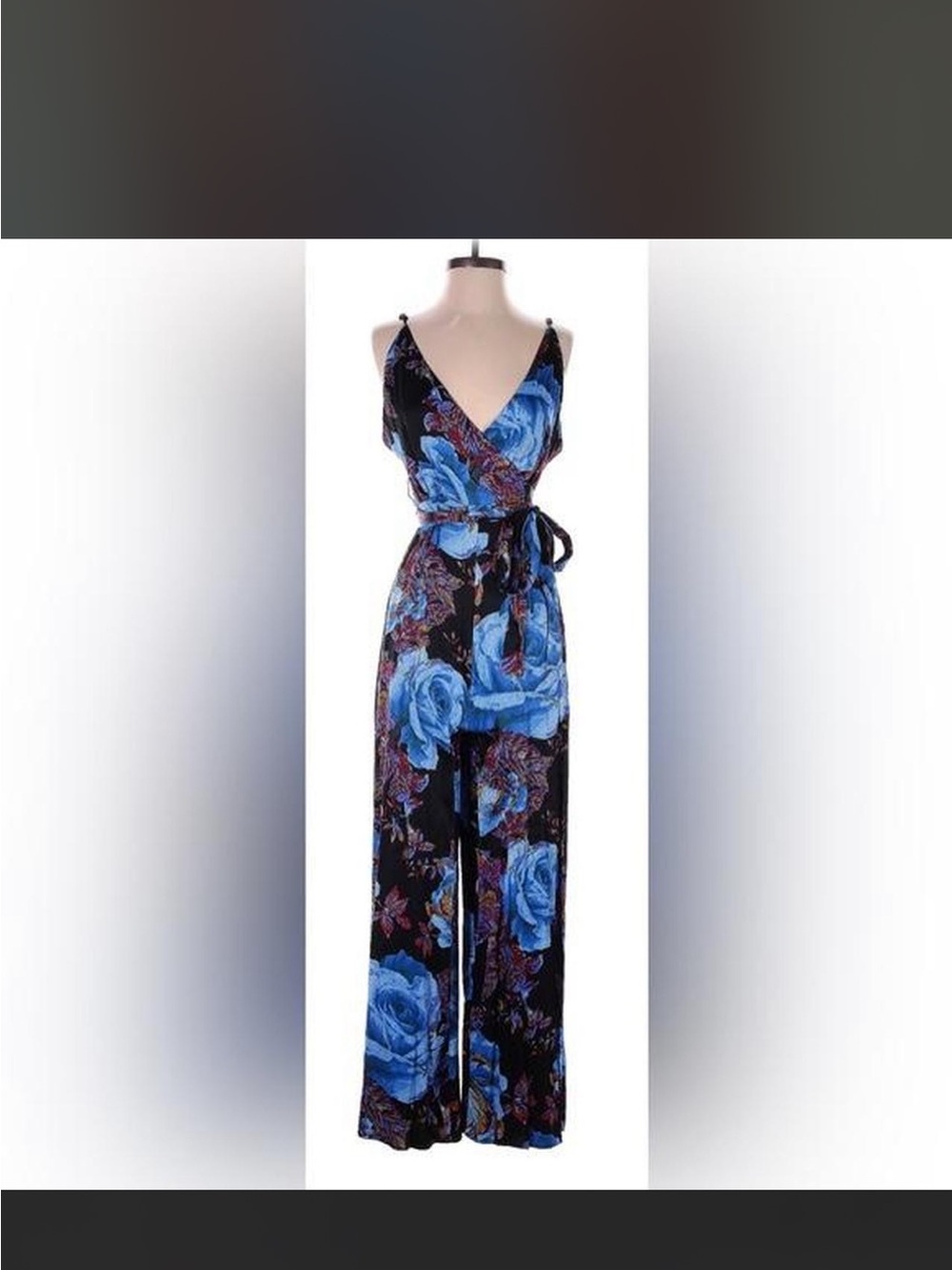 Free People Black Jumpsuit with Bold Blue Floral Print